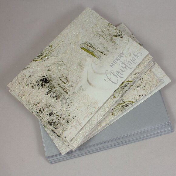 New 9 Snowy Winter Scene Christmas Cards Sparkle Glitter Trees Woods w/Envelopes - Picture 1 of 3